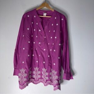American Sweetheart Cotton Shirt Purple Floral Tab Long Sleeve V Neck Eyelet XL